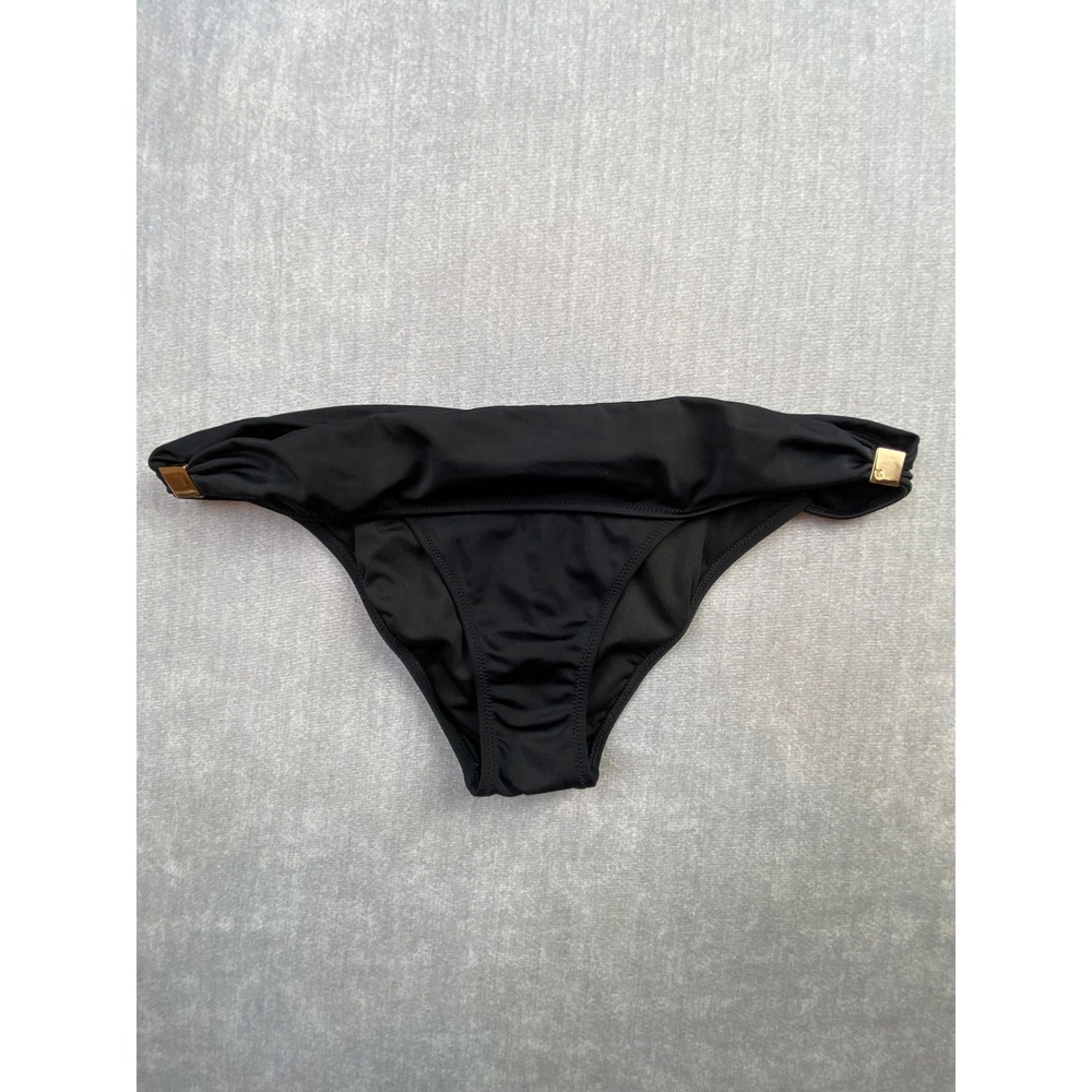 Victorias‎ Secret Black Fold Over Bikini Bottom Gold Hardware Logo Plaque Womens